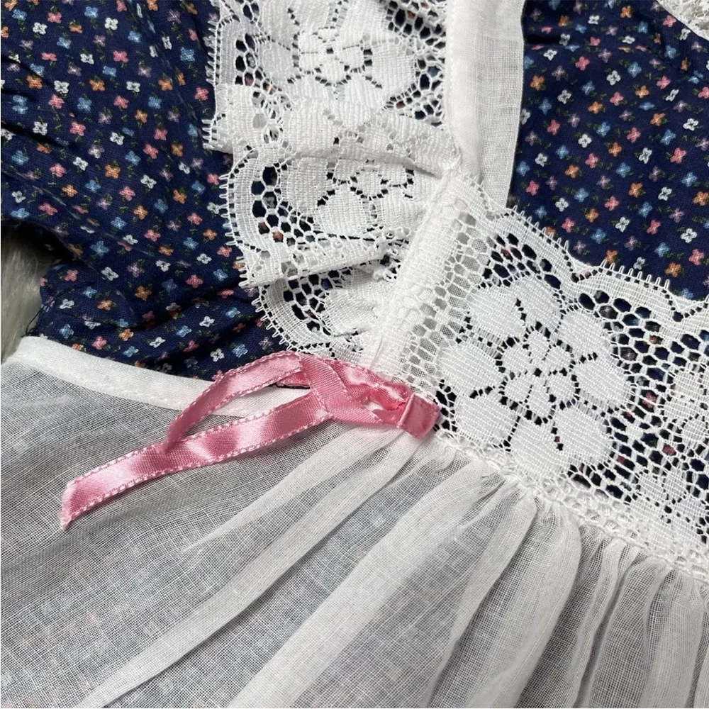 Vintage Winnie The Pooh Brand Girls Navy Pink White Lace Pinafore Dress